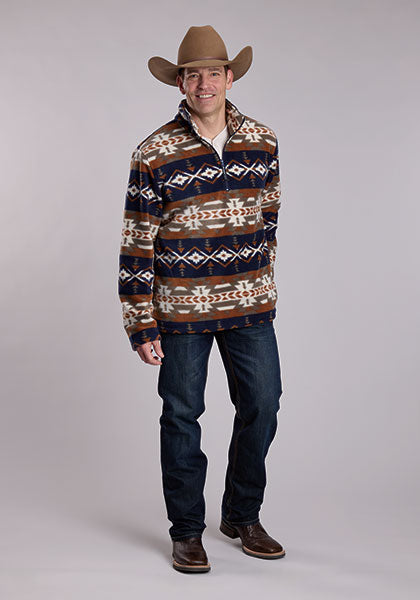 Roper Men's Navy & Brown Polar Fleece 1/4 Zip Aztec Pullover