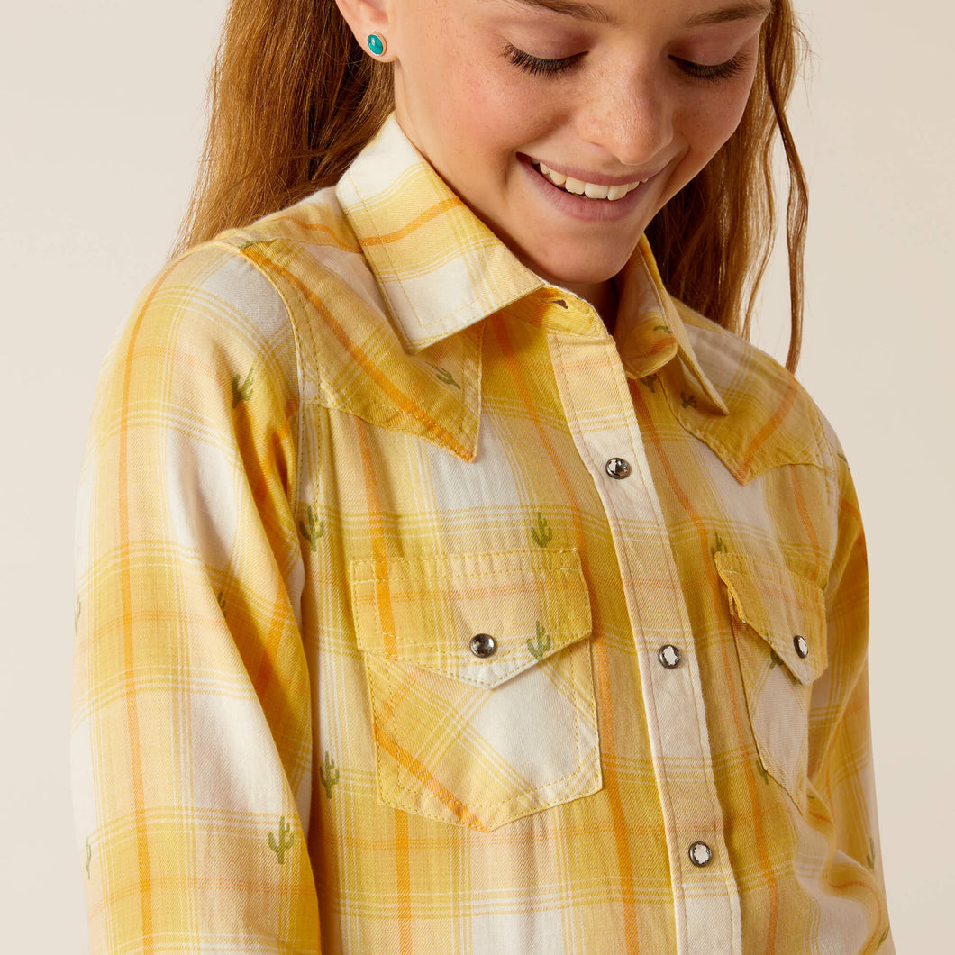 Ariat Girl's Yellow Plaid Cactus Dobby Western Shirt