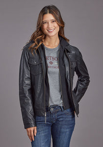 Stetson Women's Black Leather Jacket w/ Removable Hooded Lining