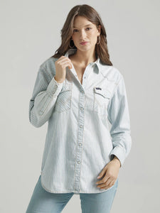 Wrangler Women's Retro Denim Blue Texture Stripe Western Shirt