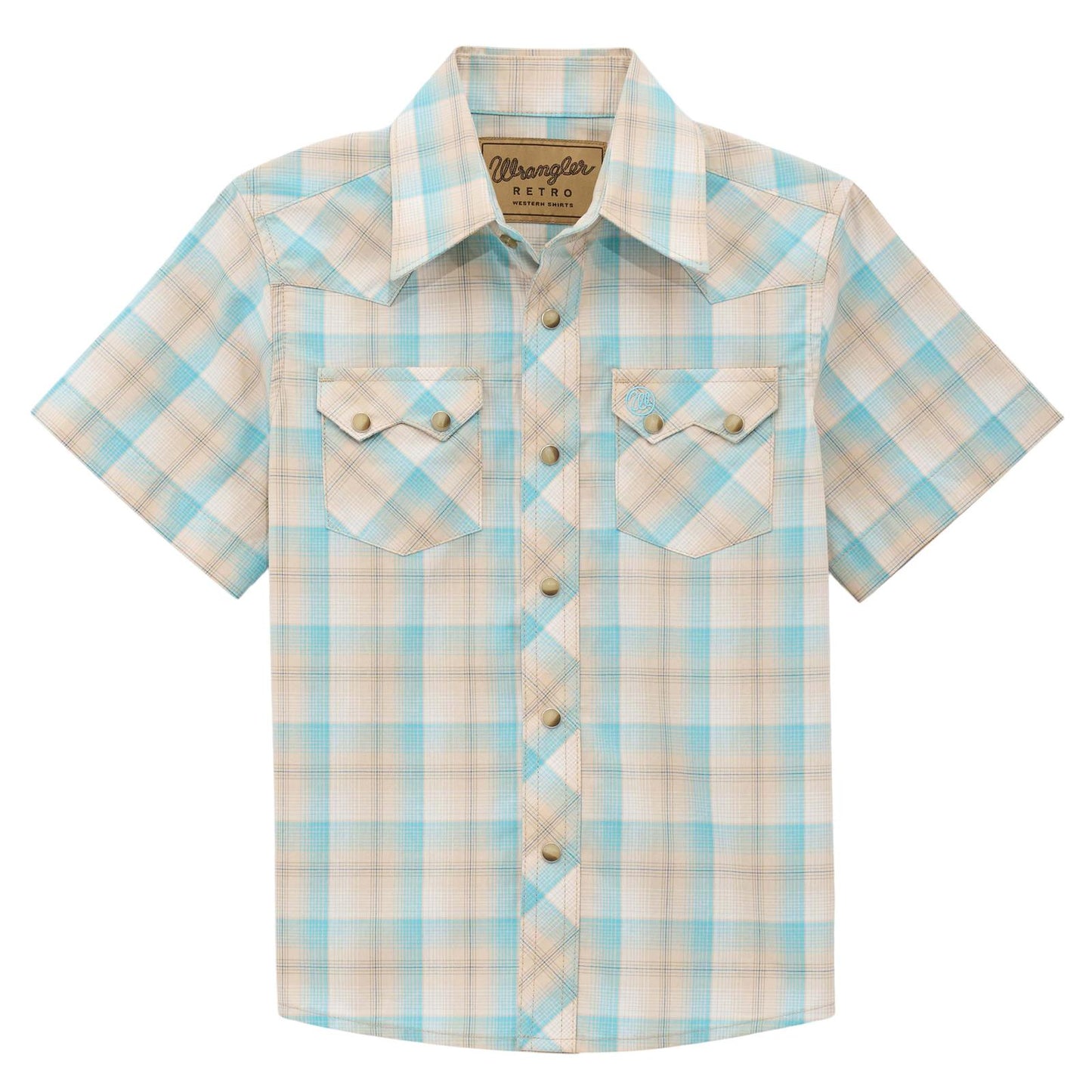 Wrangler Boy's Turquoise/Tan Plaid Retro Short Sleeve Western Shirt