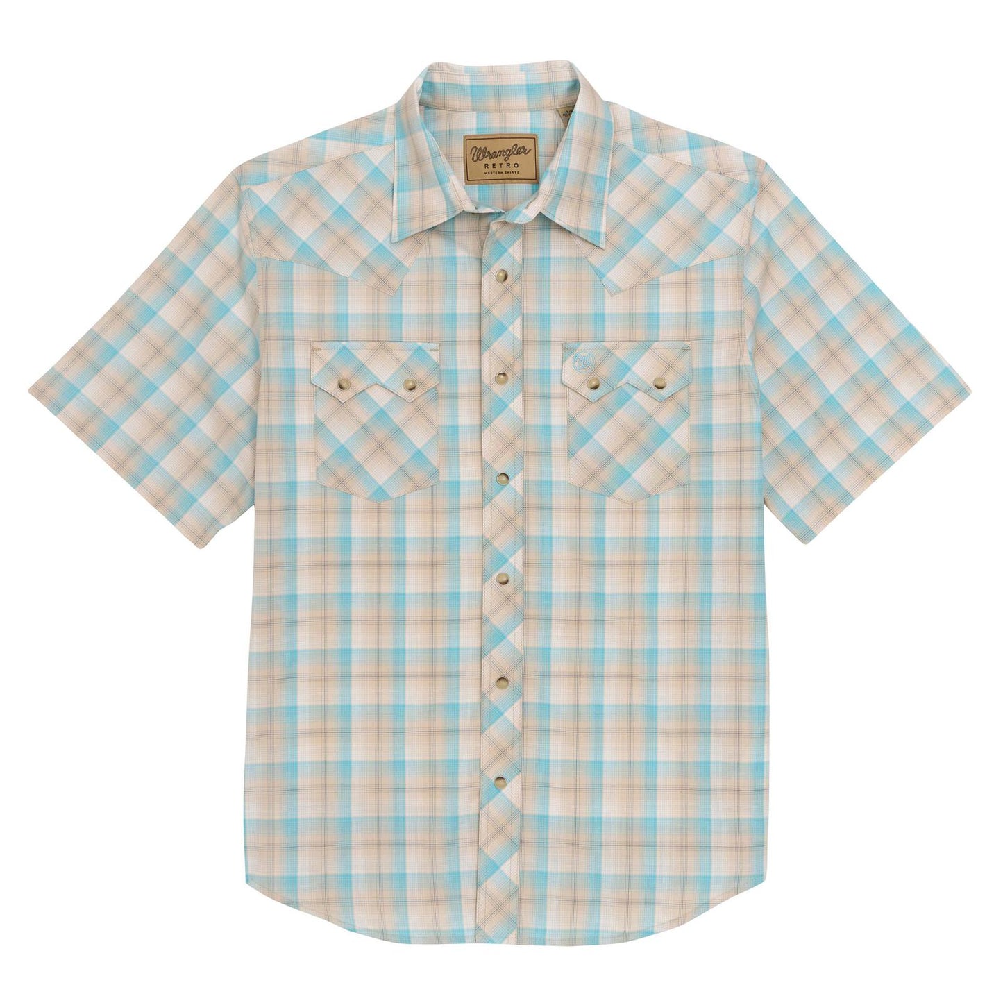 Wrangler Men's Tan/Turquoise Plaid Retro Short Sleeve Western Shirt