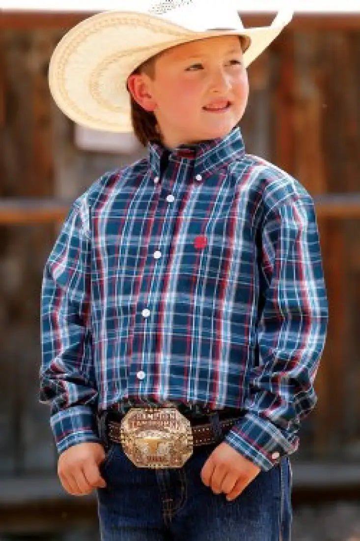 $19: Cinch Boy’s Navy Red & White Plaid Western Shirt XSmall Sale Boy’s Western