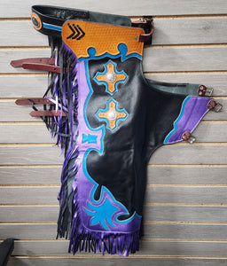 Jerry Beagley Small Youth Rodeo Chaps/Chinks - Black with Turquoise and Purple