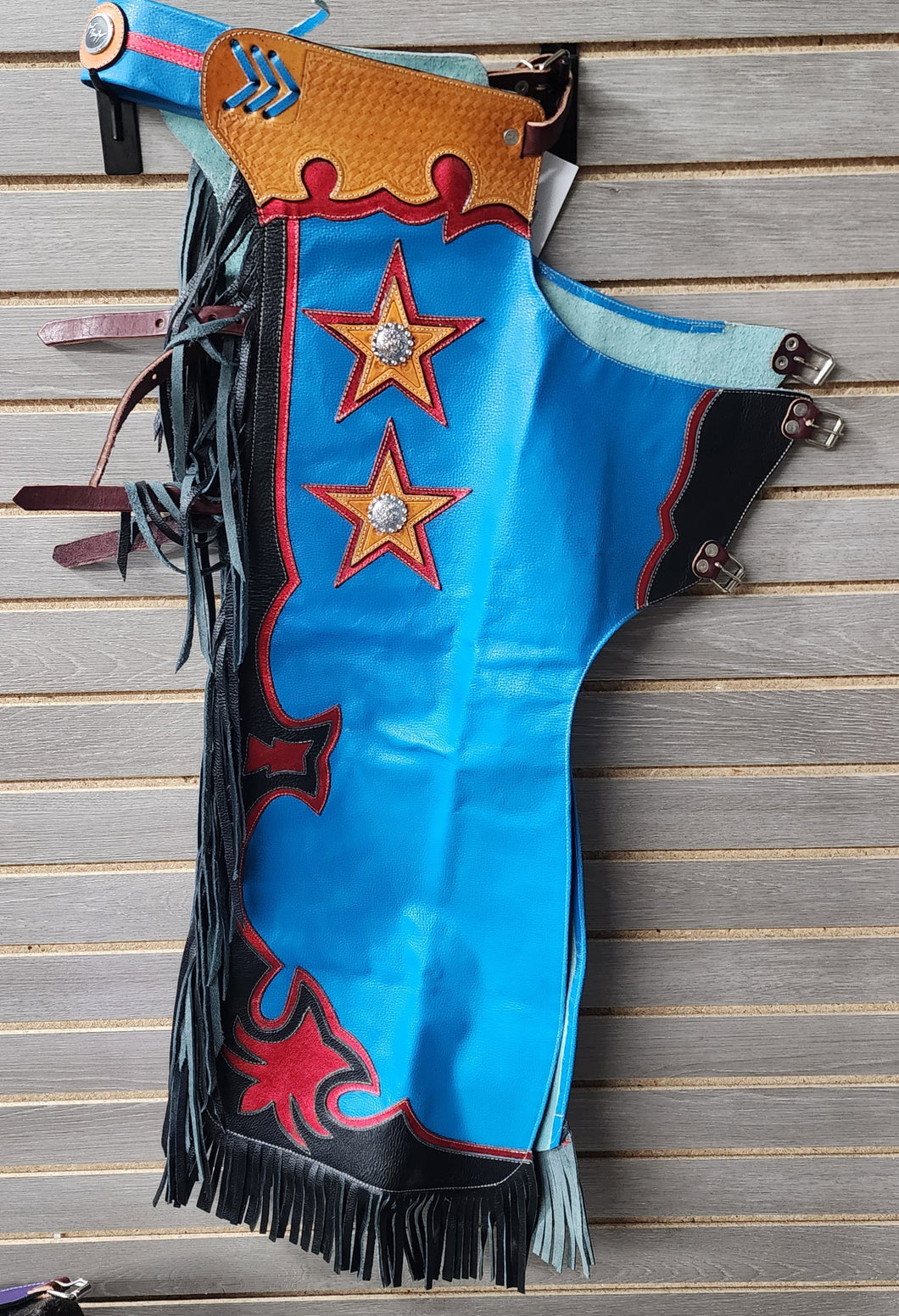 Jerry Beagley Regular Youth Rodeo Chaps/Chinks - Turquoise/Red/Black
