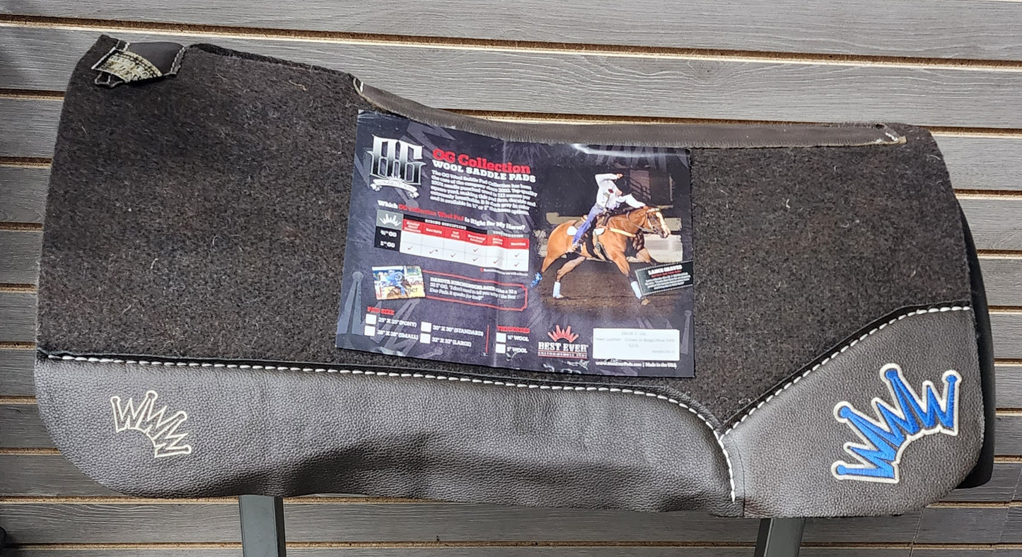 Best Ever OG Saddle Pad - Brown Leather Beige/Blue Crown (1" thick, 28"x28")