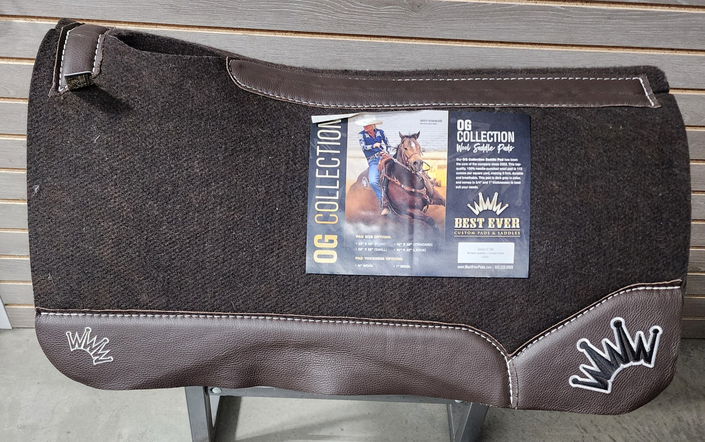 Best Ever OG Saddle Pad - Brown Leather White/Black Crown (1" thick, 32"x32")
