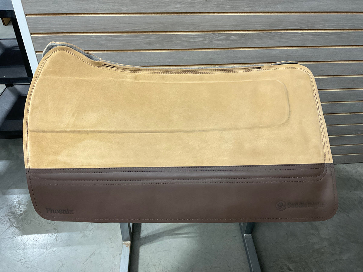 SaddleRight Phoenix Saddle Pad 32" x 34" - Taupe Suede & Chocolate Oil Tan