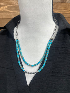 20" Link Chain Double Strand Navajo Pearl & Kingman Turquoise Necklace