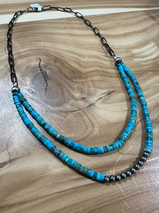 20" Link Chain Double Strand Navajo Pearl & Kingman Turquoise Necklace