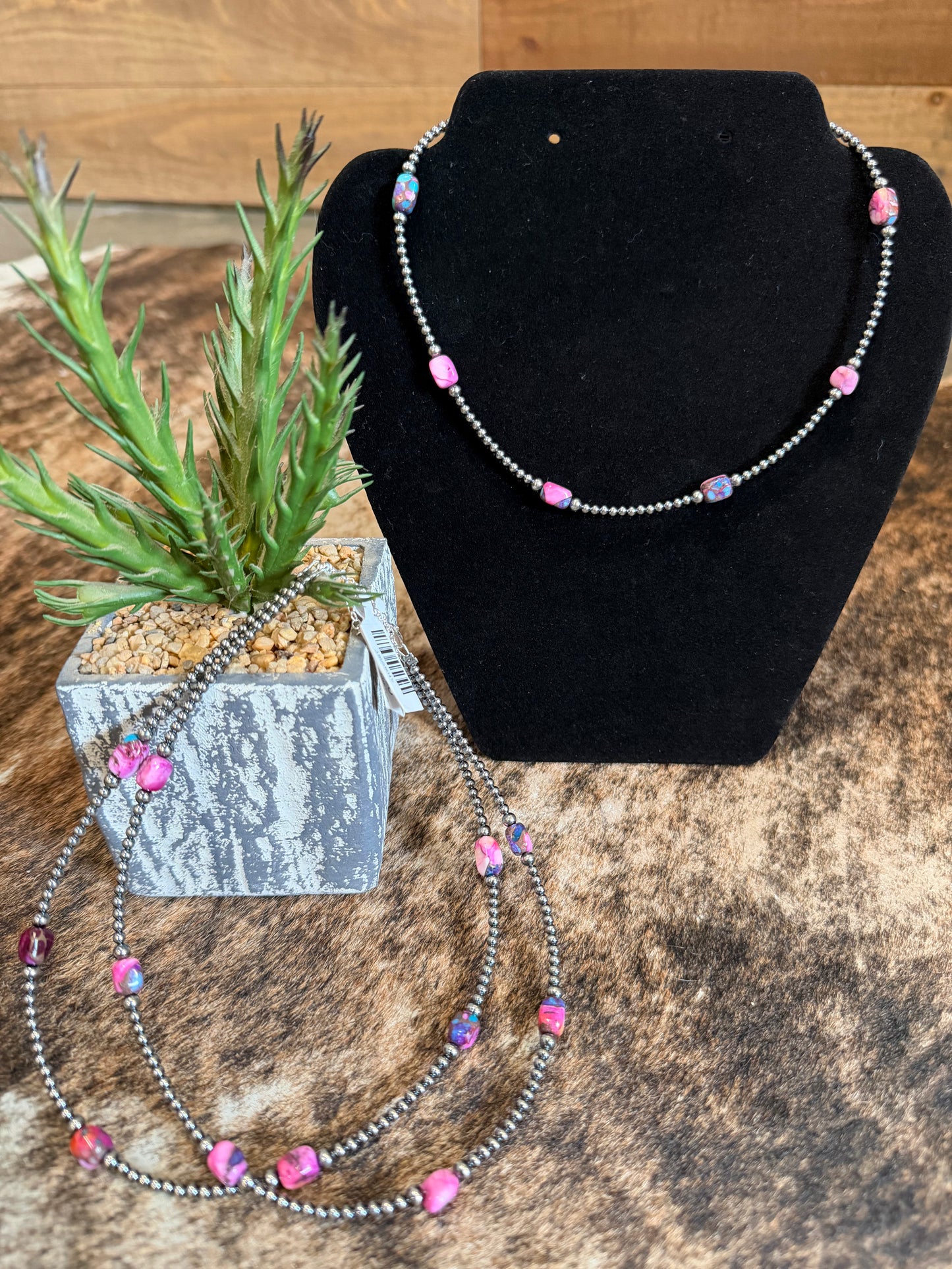 5 Pink Dye Turquoise with Sterling Silver Pearls Choker