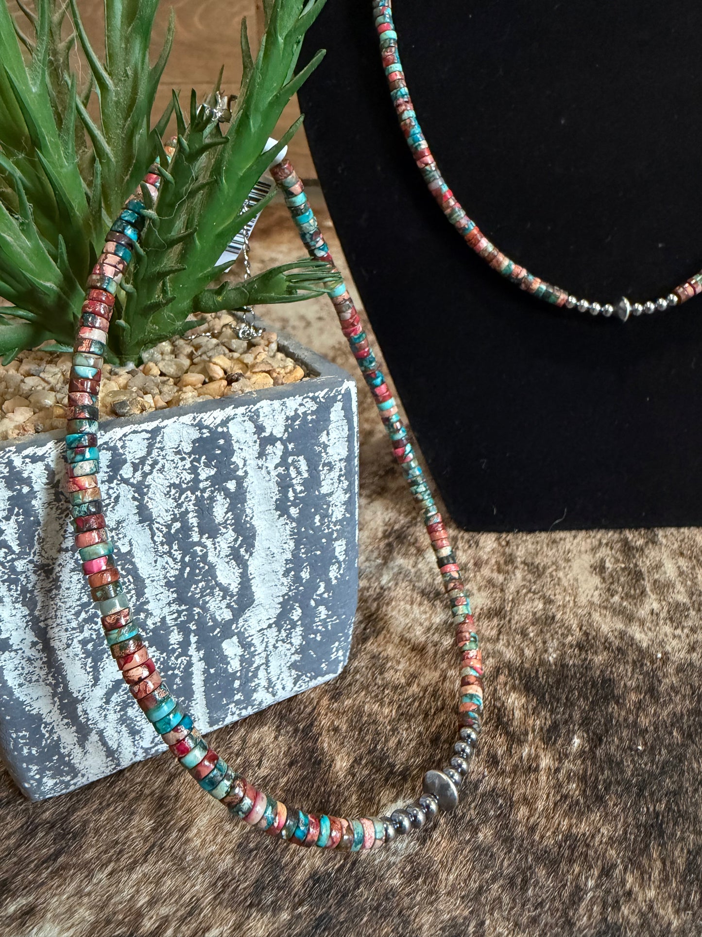 Sterling Silver Pearls with Pink & Blue Sea Sediment Heishi Choker