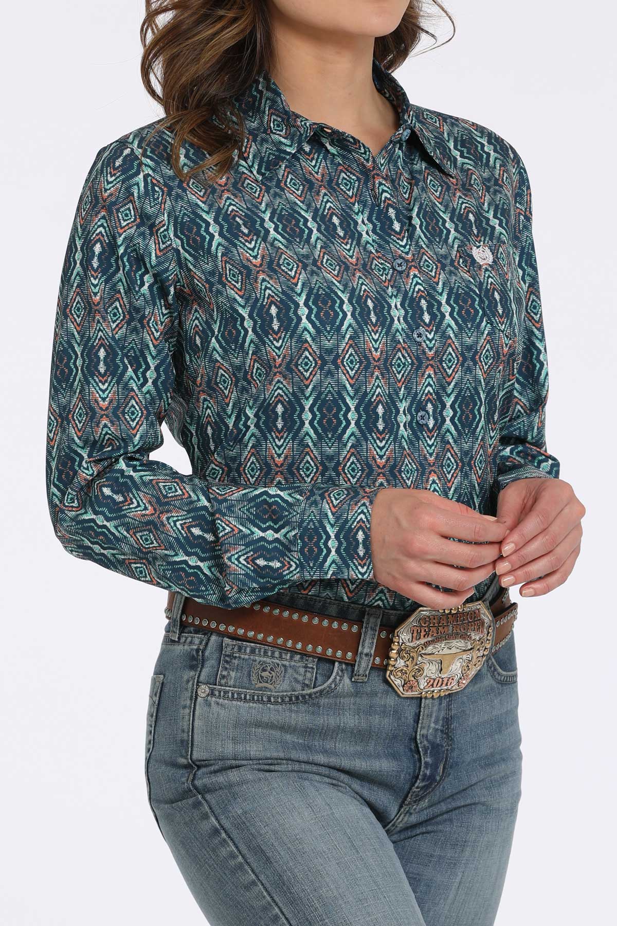 Cinch Women's ArenaFlex Navy & Coral Geo Western Shirt