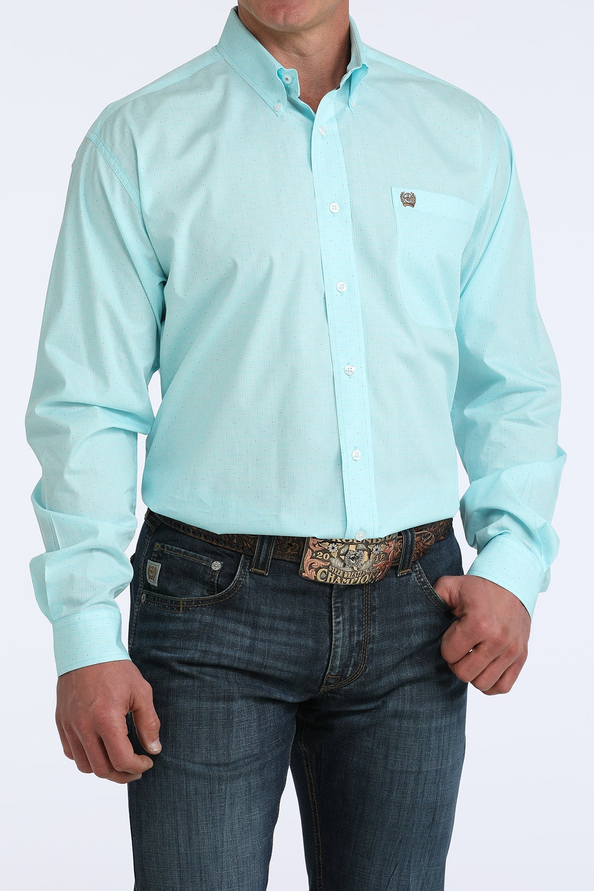 Cinch Men's Light Blue & White Square Print Western Shirt