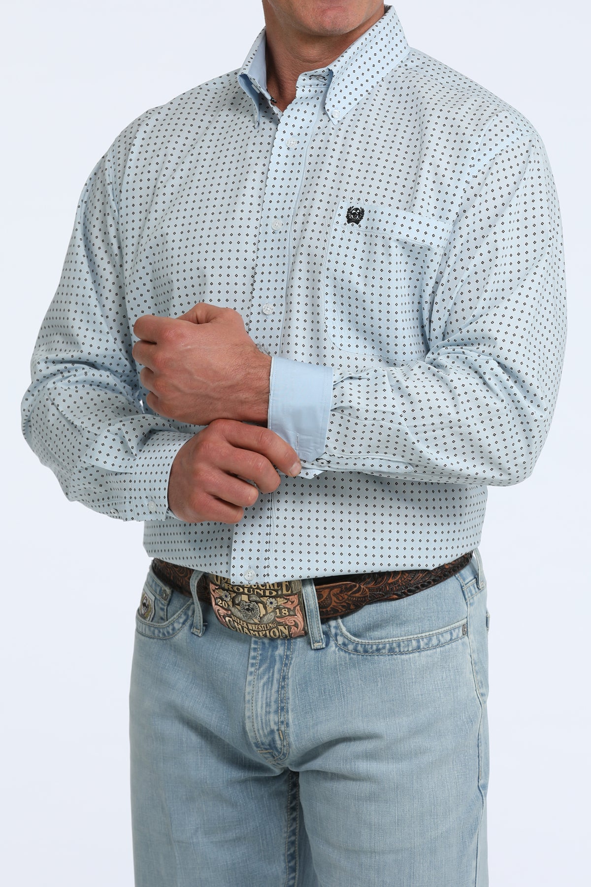 Men's Cinch Light Blue Geo Print Long Sleeve Classic Fit