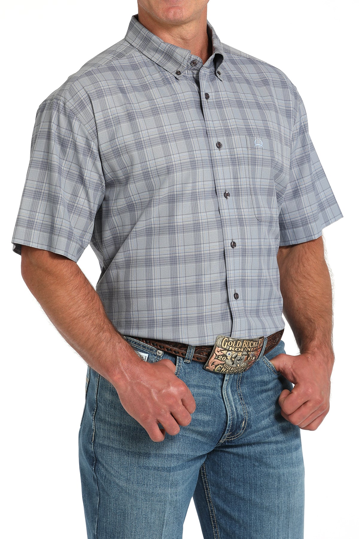 Cinch Men's Big & Tall ArenaFlex Gray Plaid Short Sleeve Western Shirt