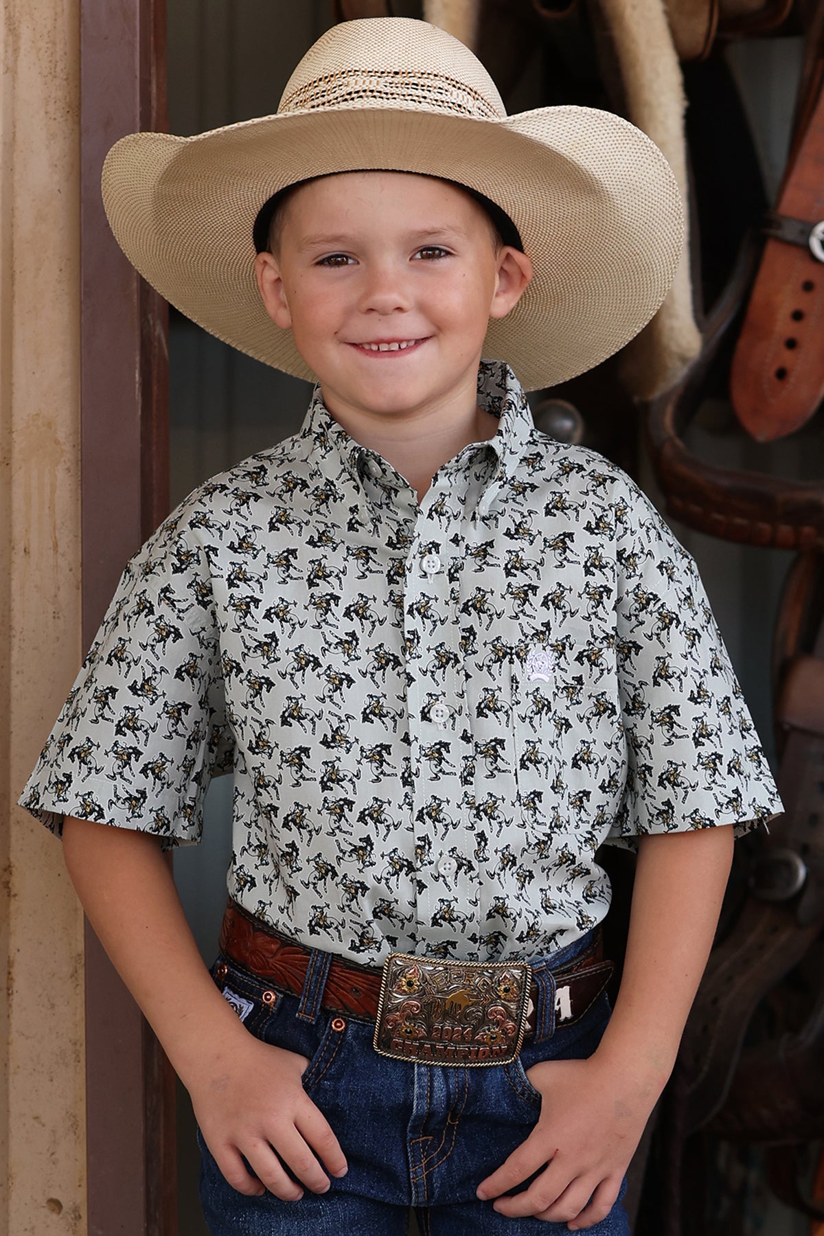 Cinch Boy's Grey Bronc Print Short Sleeve Western Shirt