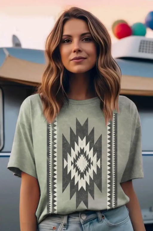 Women's Mineral Sage Navajo Inspired Geometric Graphic T-Shirt