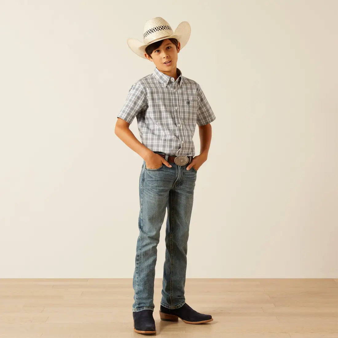 Ariat Boy’s Pro Series Navy Plaid Charlie Short Sleeve Western Shirt Boy’s Western