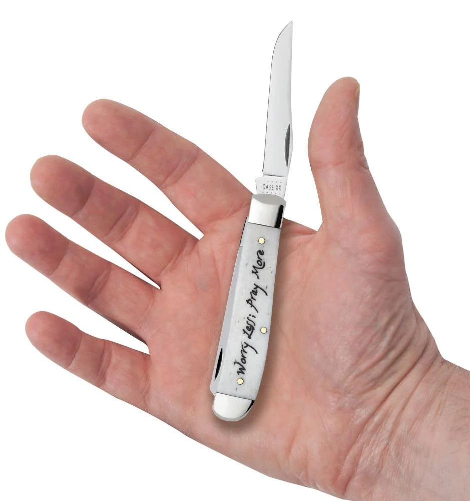 Case Worry Less, Pray More Embellished Smooth Natural Bone Mini Trapper Knife