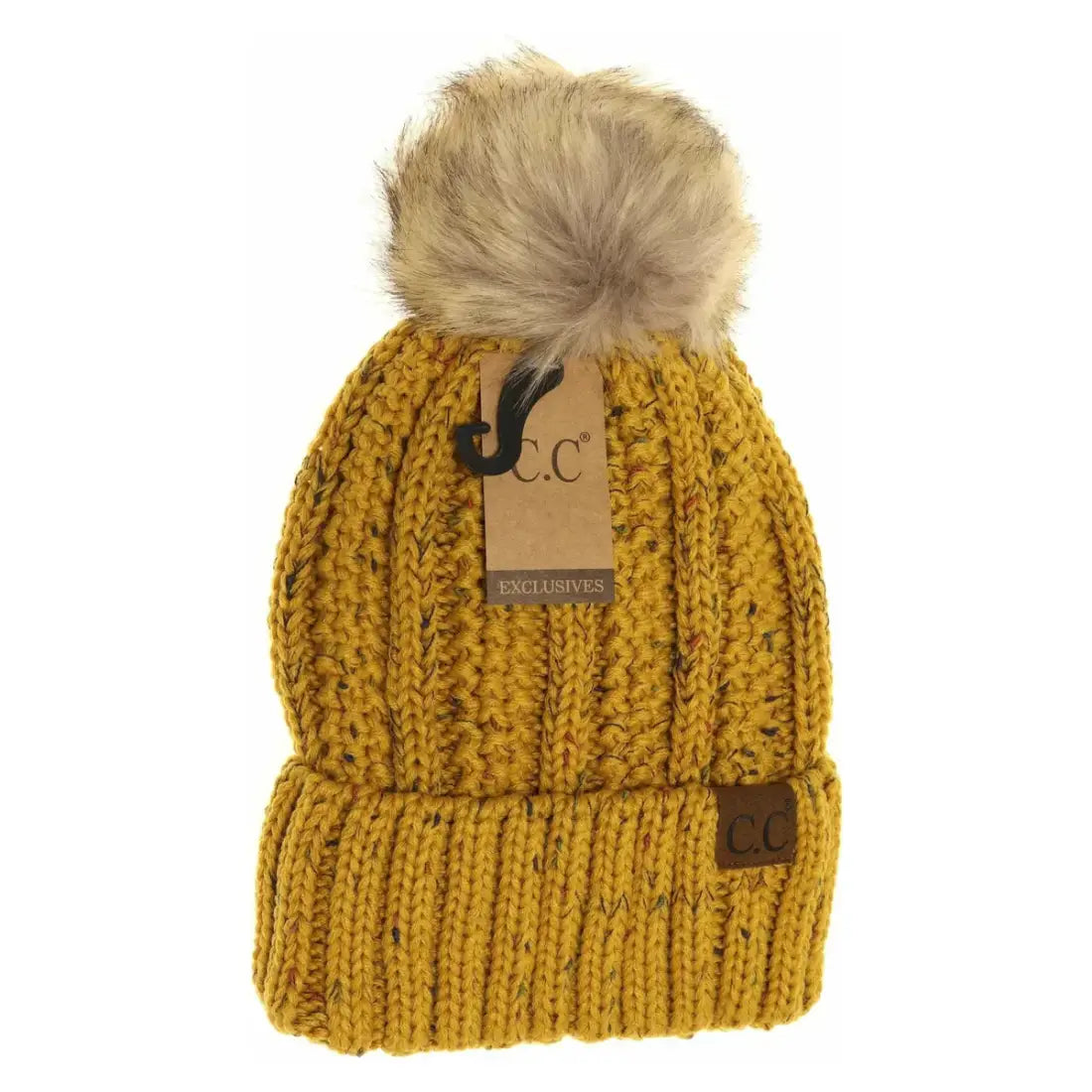 C.C Beanie Fuzzy Lined Flecked Fur Pom Beanie Mustard Winter Hats