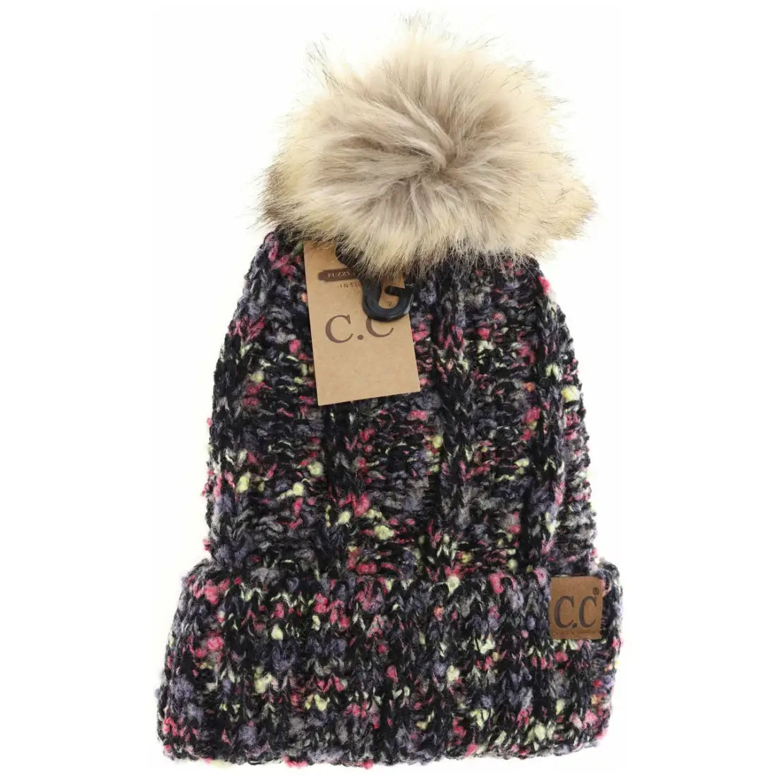 C.C Beanie Fuzzy Lined Popcorn Confetti Beanie Black Multi Winter Hats