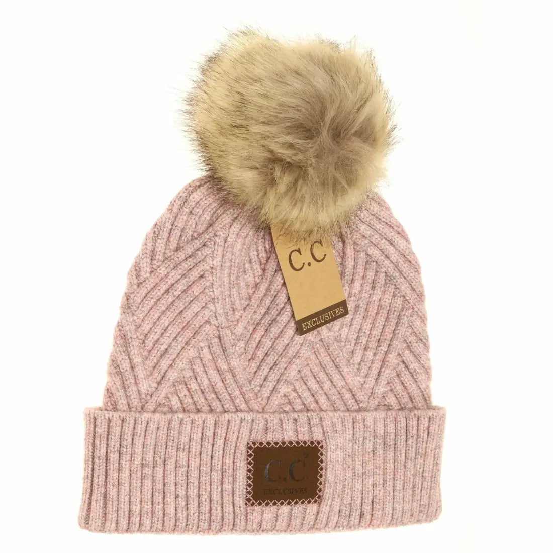 C.C Beanie Large Suede Patch Pom Beanie Rose Mix Winter Hats