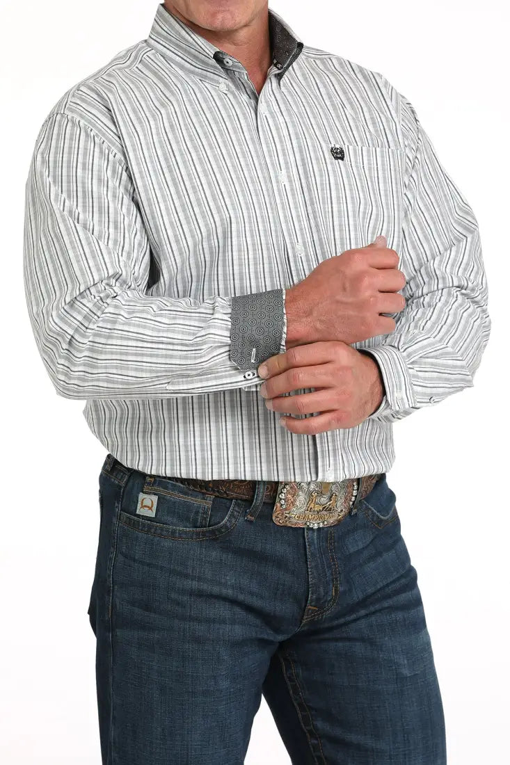 Cinch Men’s Light Grey & White Plaid Western Shirt Men’s Western