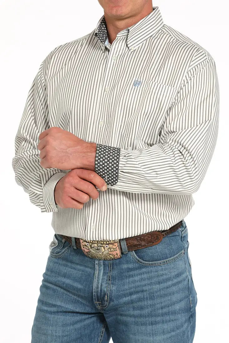 Cinch Men’s Tencel Cream & Blue Pinstripe Western Shirt Men’s Western