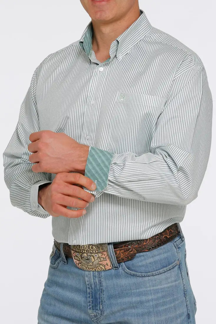 Cinch Men’s Tencel Green & Navy Pinstripe Western Shirt Men’s Western