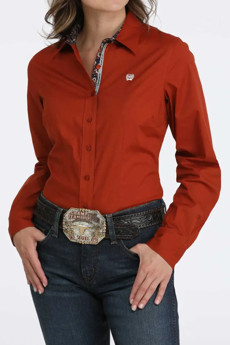 Cinch Women's Red Solid Button Shirt, XL
