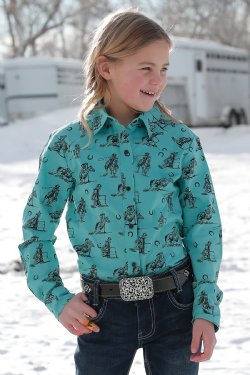Cruel Girl's Rodeo Print Turquoise Western Shirt