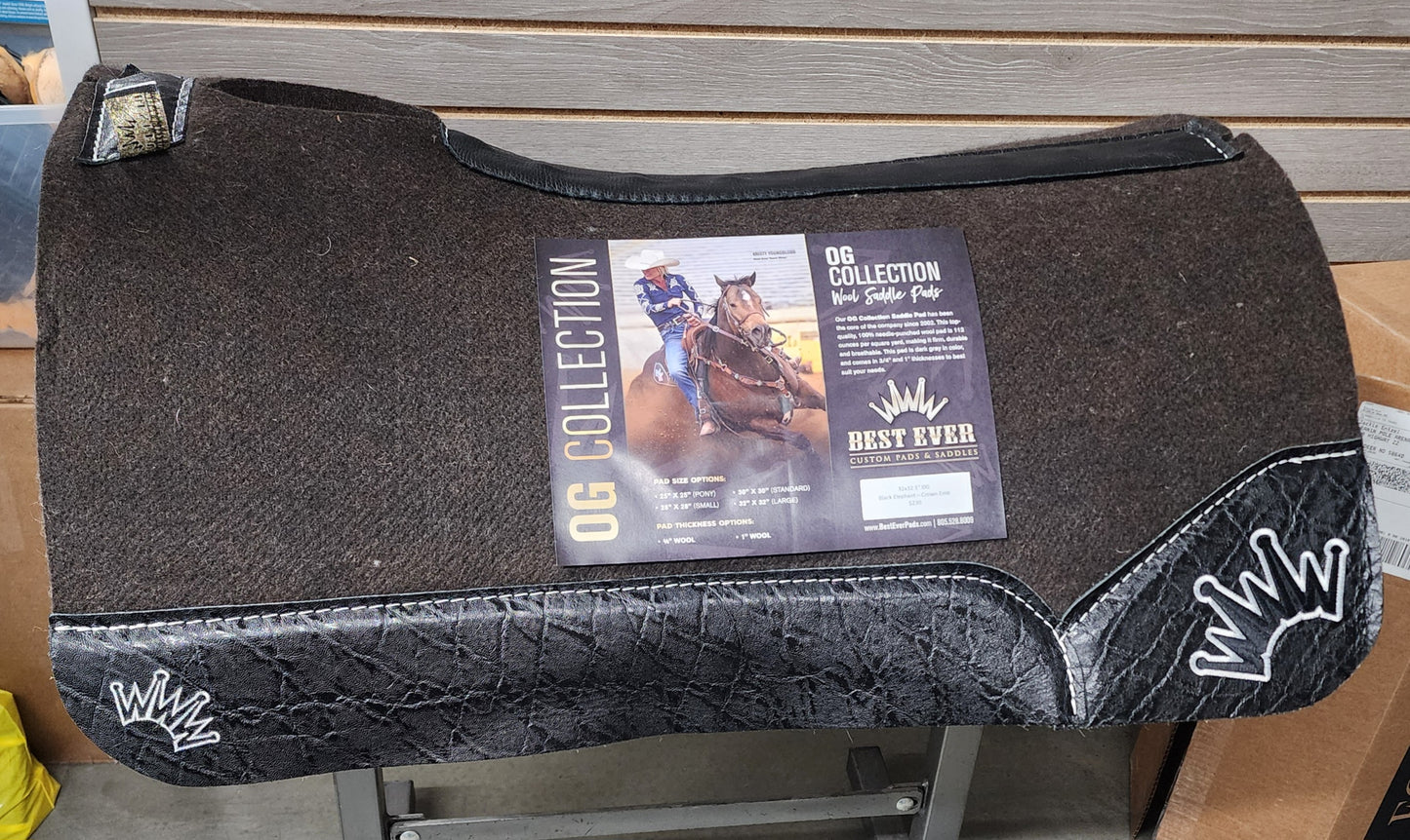 Best Ever OG Saddle Pad - Black Elephant White/Black Crown (1" thick, 32"x32")
