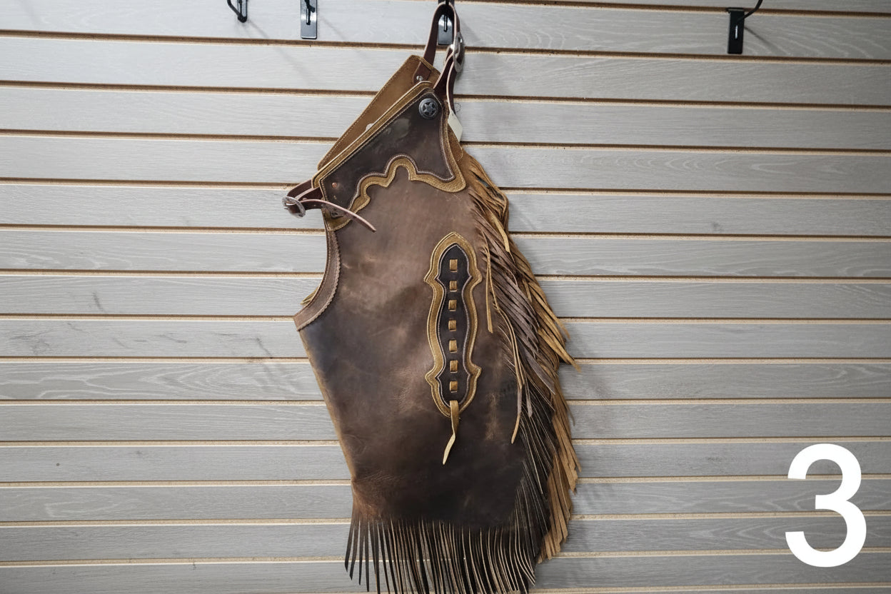 Rockin’ Y Adult Two-Tone Leather Chinks (#1) Large / Distressed Saddle Brown/Chestnut Chaps/Chinks