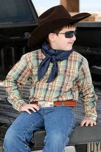 Cinch Boy's Toddler Green & Orange Plaid Western Shirt