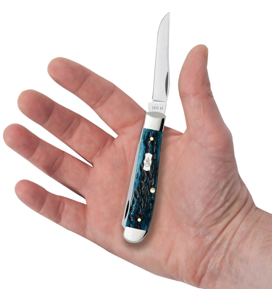 Case Pocket Worn Blue Bone Peach Seed Jig Mini Trapper Knife