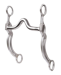 This low port mouthpiece is made of 1/2" sweet iron with inlaid copper strips in the center of the port. The height of the port measures 1 1/3" which doesn't quite reach the pallet on most horses. This port allows even pull and is considered mild in severity.
