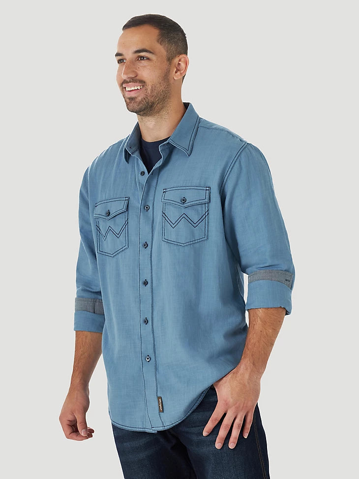 Wrangler Men s Big Tall Retro Modern Fit Blue Denim Western Shirt Leanin Pole Arena