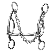 Load image into Gallery viewer, The traditional snaffle has a slightly curved mouthpiece so it is easy for a horse to carry and is comfortable. This mouthpiece will apply even pressure to the corners of a horse&#39;s mouth.
