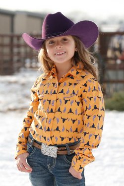 Cruel Girl's Steers Head Print Gold Western Shirt