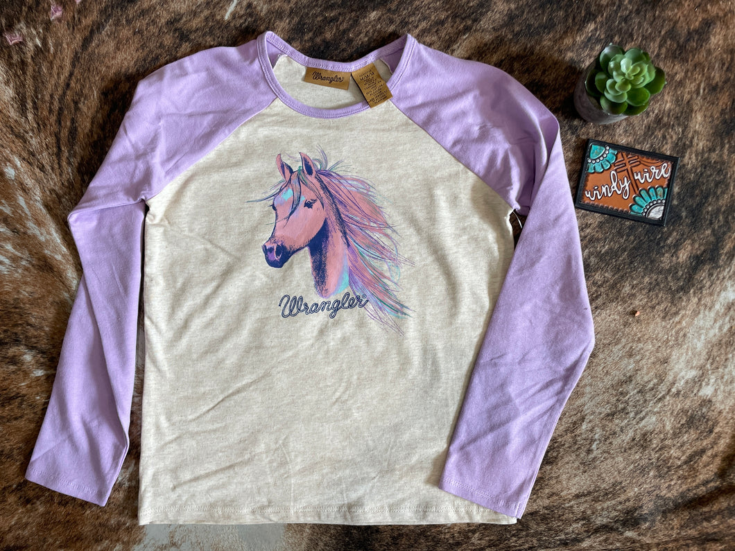 Wrangler Girl's Lavender & Cream Horse Long Sleeve T-Shirt