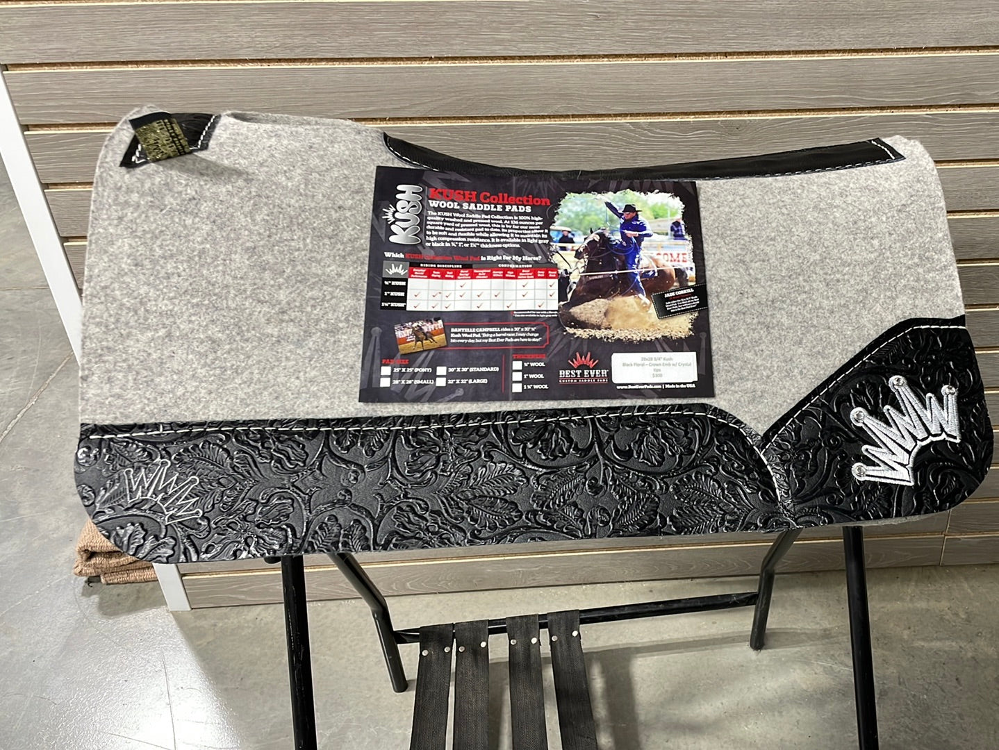Best Ever Kush Saddle Pad - Black Floral Silver Crown (3/4" thick, 28"x28")