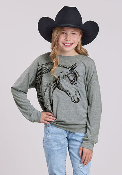 Roper Girl's Gray Horse Long Sleeve T-Shirt