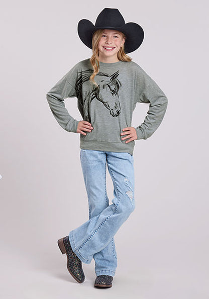 Roper Girl's Gray Horse Long Sleeve T-Shirt
