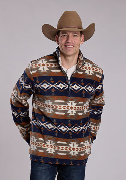 Roper Men's Navy & Brown Polar Fleece 1/4 Zip Aztec Pullover