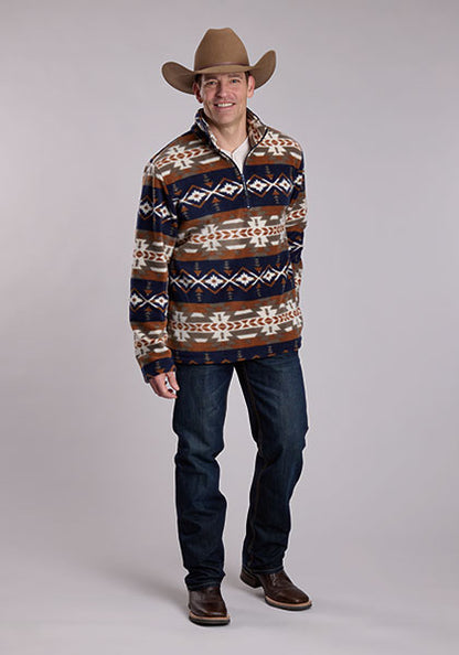 Roper Men's Navy & Brown Polar Fleece 1/4 Zip Aztec Pullover