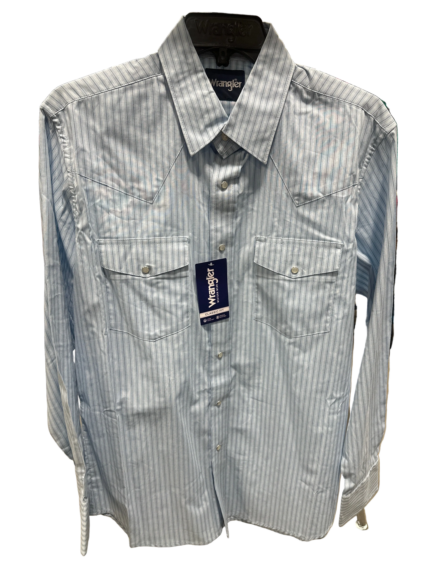Wrangler Men's Light Blue Stripe Wrinkle Resist Western Shirt