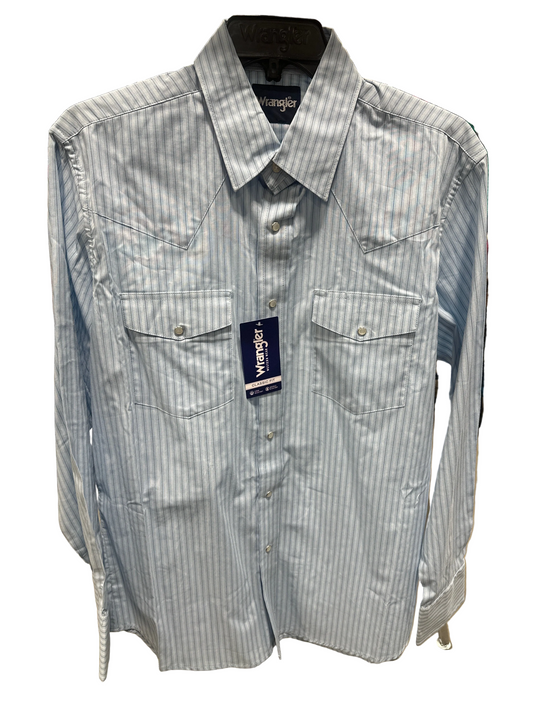 Wrangler Men's Light Blue Stripe Wrinkle Resist Western Shirt