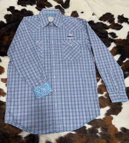 Panhandle Men's Rough Stock Aqua Plaid Western Shirt