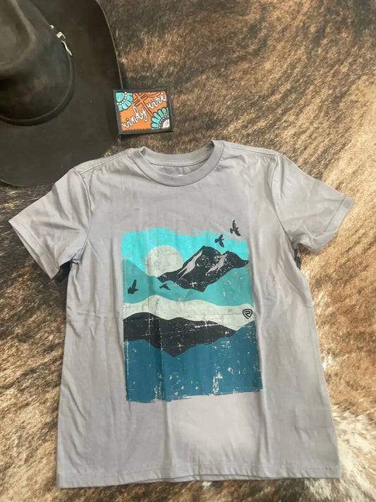 $10: Rock & Roll Boy’s Gray Mountain Scene T-Shirt XSmall Sale Boy’s T-Shirt